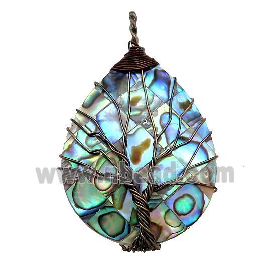 Abalone Shell Teardrop Pendant Tree Of Life Copper Wire Wrapped Black Plated