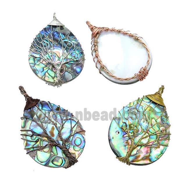 Abalone Shell Teardrop Pendant Tree Of Life Copper Wire Wrapped Mixed