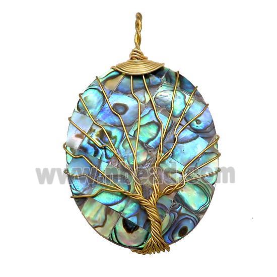 Abalone Shell Oval Pendant Tree Of Life Raw Brass Wire Wrapped