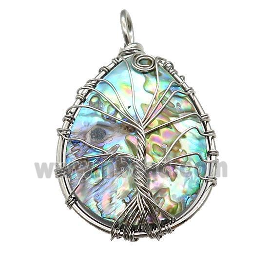 Abalone Shell Teardrop Pendant Tree Of Life Copper Wire Wrapped Platinum