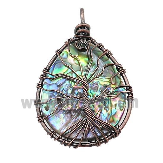 Abalone Shell Teardrop Pendant Tree Of Life Copper Wire Wrapped Antique Red