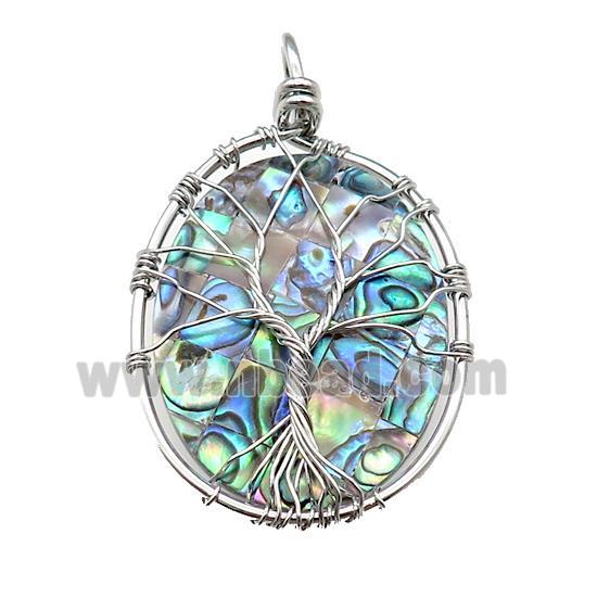 Abalone Shell Oval Pendant Tree Of Life Copper Wire Wrapped Platinum