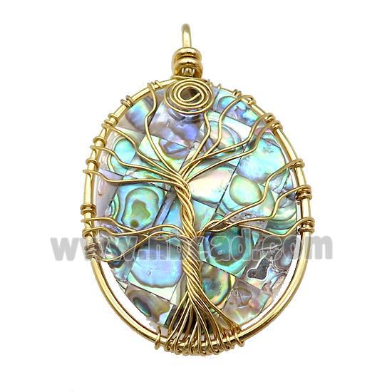 Abalone Shell Oval Pendant Tree Of Life Copper Wire Wrapped Gold Plated