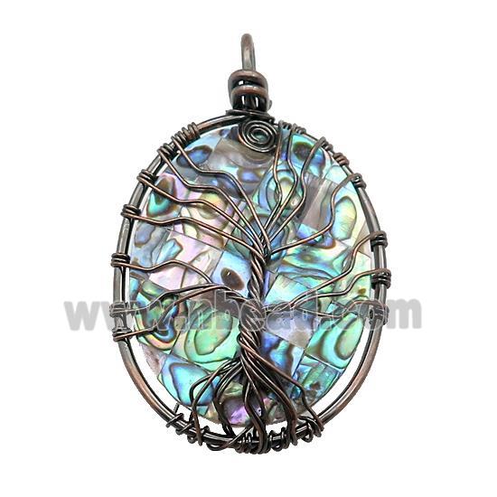 Abalone Shell Oval Pendant Tree Of Life Copper Wire Wrapped Antique Red