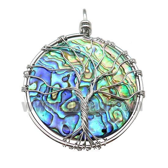 Abalone Shell Circle Pendant Tree Of Life Copper Wire Wrapped Platinum