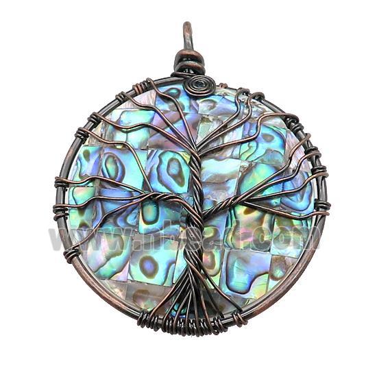 Abalone Shell Circle Pendant Tree Of Life Copper Wire Wrapped Antique Red