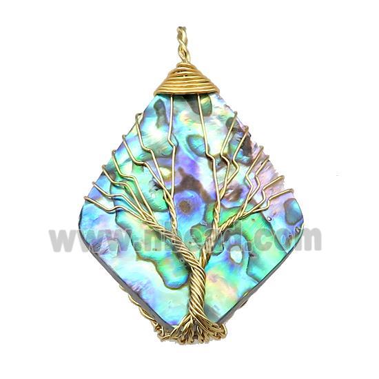 Abalone Shell Rhombus Pendant Tree Of Life Copper Wire Wrapped Gold Plated
