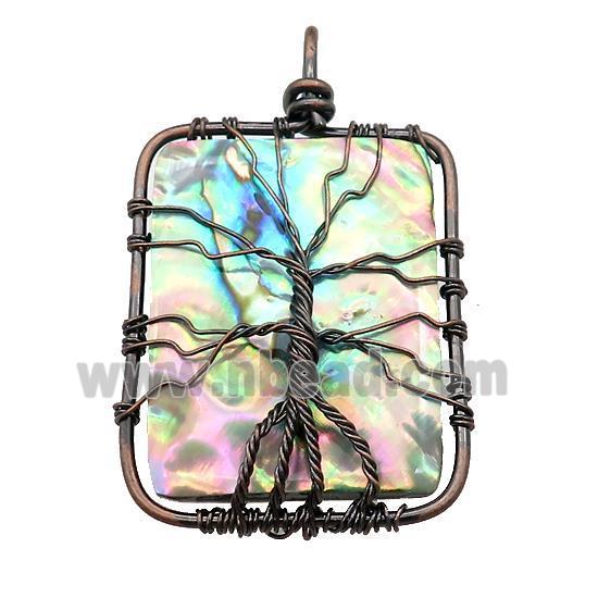 Abalone Shell Rectangle Pendant Tree Of Life Copper Wire Wrapped Antique Red