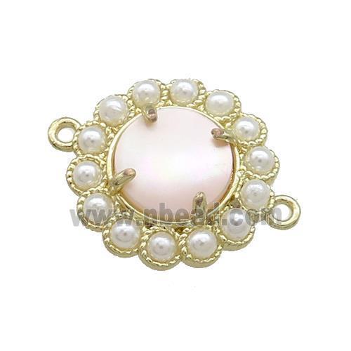 Copper Circle Connector Pave Pink Queen Shell Pearlized Resin Gold Plated