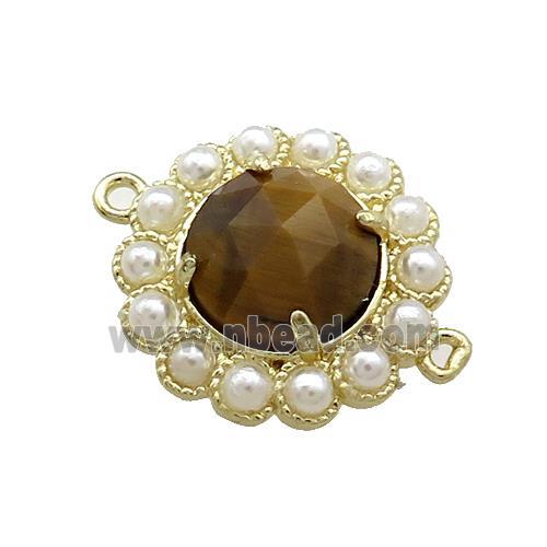 Copper Circle Connector Pave Tiger Eye Stone Pearlized Resin Gold Plated