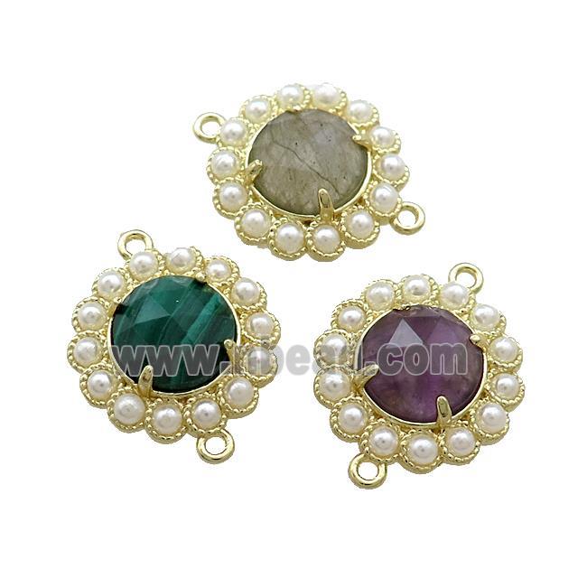 Copper Circle Connector Pave Gemstone Pearlized Resin Gold Plated Mixed