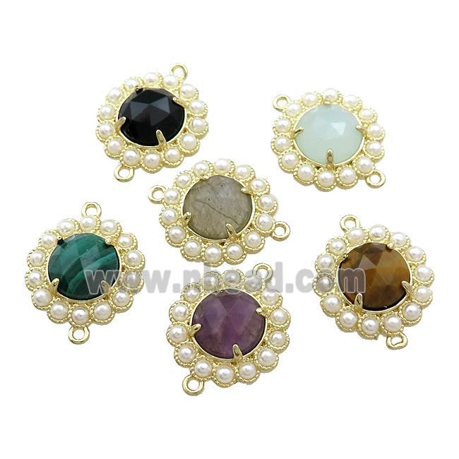Copper Circle Connector Pave Gemstone Pearlized Resin Gold Plated Mixed