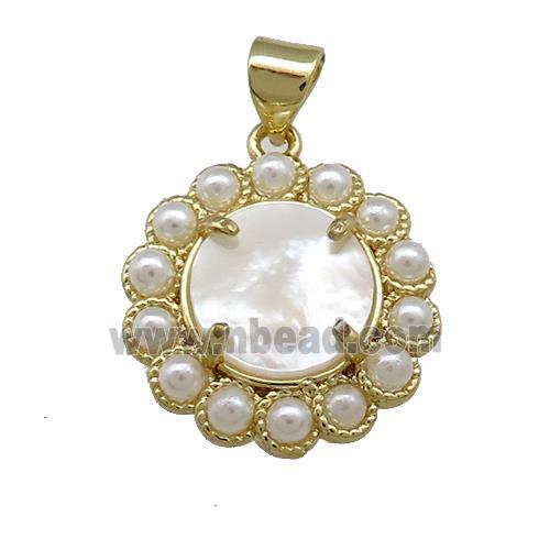 Copper Circle Pendant Pave White Shell Pearlized Resin Gold Plated