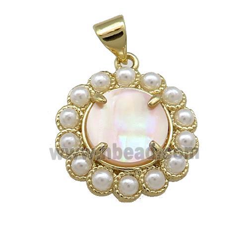 Copper Circle Pendant Pave Pink Queen Shell Pearlized Resin Gold Plated
