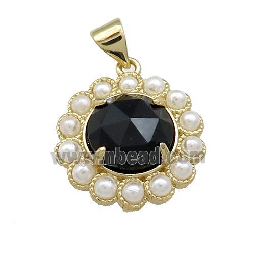 Copper Circle Pendant Pave Black Onyx Pearlized Resin Gold Plated