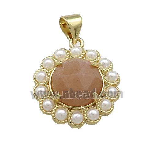 Copper Circle Pendant Pave Peach Sunstone Pearlized Resin Gold Plated