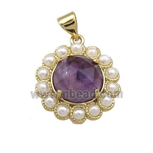 Copper Circle Pendant Pave Puprle Amethyst Pearlized Resin Gold Plated