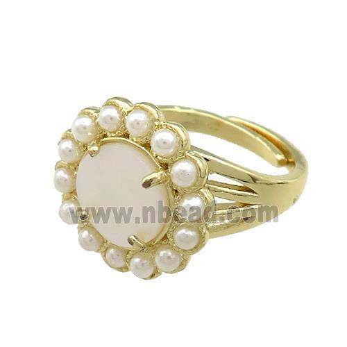 Copper Circle Rings Pave White Shell Pearlized Resin Adjustable Gold Plated