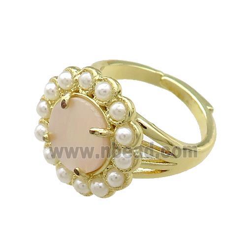 Copper Circle Rings Pave Pink Queen Shell Pearlized Resin Adjustable Gold Plated