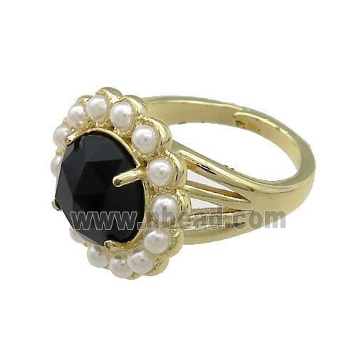 Copper Circle Rings Pave Black Onyx Pearlized Resin Adjustable Gold Plated