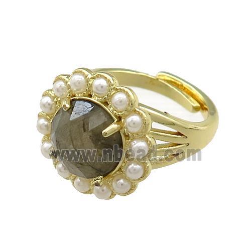 Copper Circle Rings Pave Labradorite Pearlized Resin Adjustable Gold Plated