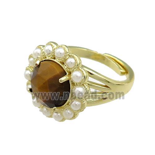Copper Circle Rings Pave Tiger Eye Stone Pearlized Resin Adjustable Gold Plated
