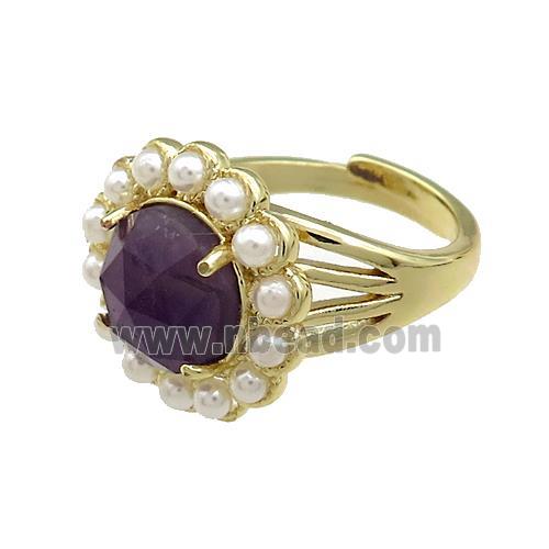Copper Circle Rings Pave Amethyst Pearlized Resin Adjustable Gold Plated