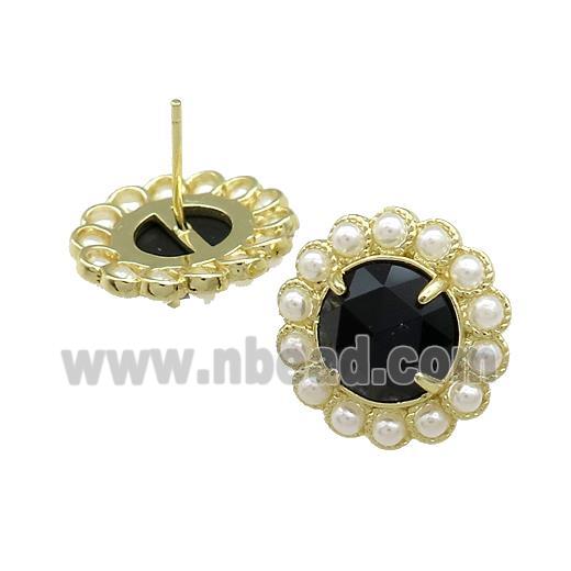 Copper Circle Stud Earrings Pave Black Onyx Pearlized Resin Gold Plated