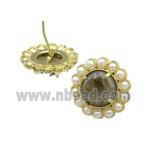 Copper Circle Stud Earrings Pave Labradorite Pearlized Resin Gold Plated