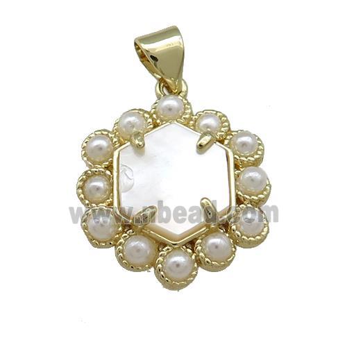 Copper Hexagon Pendant Pave White Shell Pearlized Resin Gold Plated