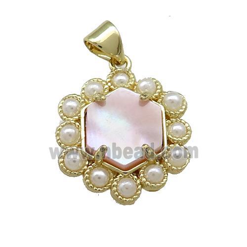 Copper Hexagon Pendant Pave Pink Queen Shell Pearlized Resin Gold Plated