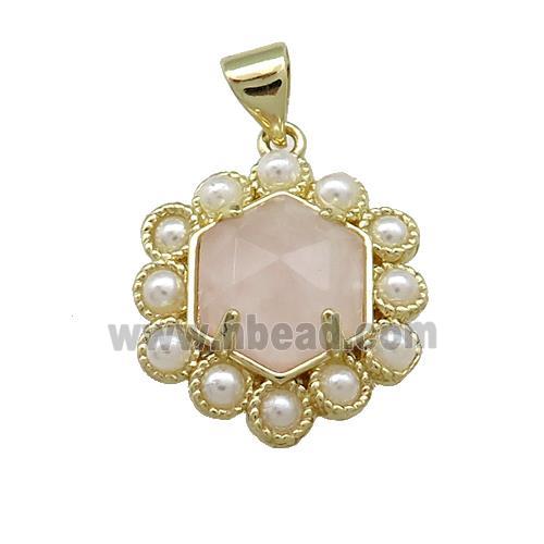 Copper Hexagon Pendant Pave Pink Rose Quartz Pearlized Resin Gold Plated