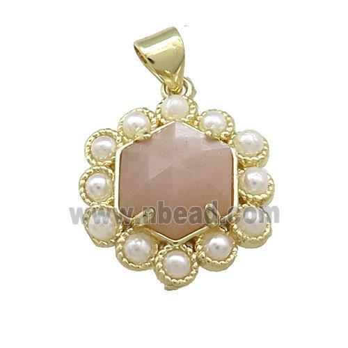 Copper Hexagon Pendant Pave Peach Sunstone Pearlized Resin Gold Plated