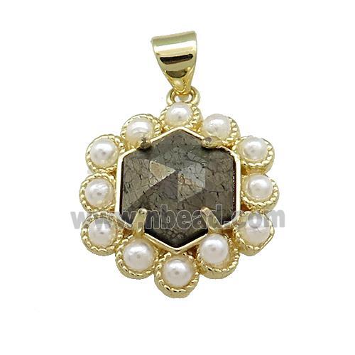 Copper Hexagon Pendant Pave Pyrite Pearlized Resin Gold Plated