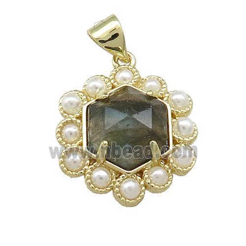 Copper Hexagon Pendant Pave Labradorite Pearlized Resin Gold Plated