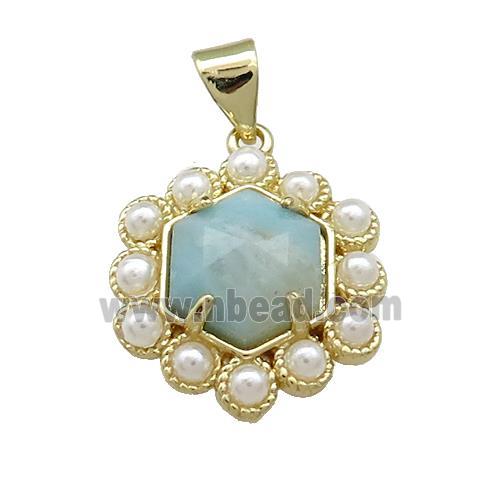 Copper Hexagon Pendant Pave Blue Amazonite Pearlized Resin Gold Plated