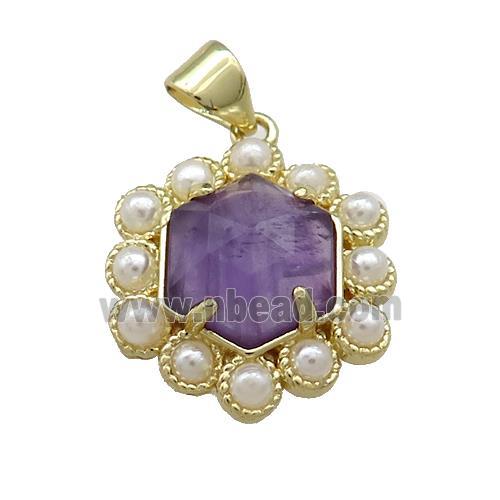 Copper Hexagon Pendant Pave Puprle Amethyst Pearlized Resin Gold Plated