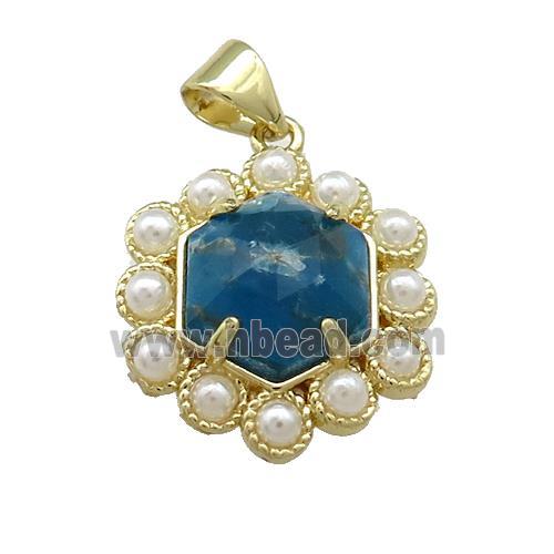 Copper Hexagon Pendant Pave Blue Apatite Pearlized Resin Gold Plated