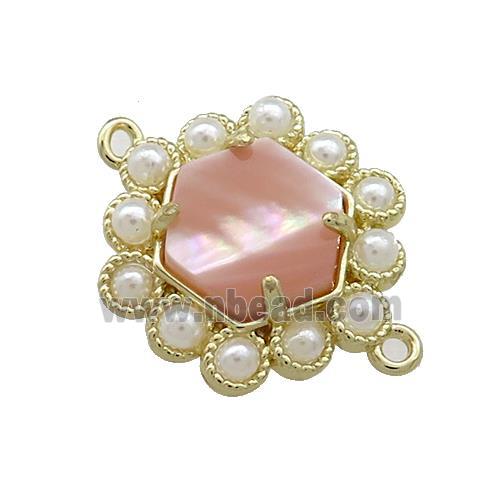 Copper Hexagon Connector Pave Pink Queen Shell Pearlized Resin Gold Plated