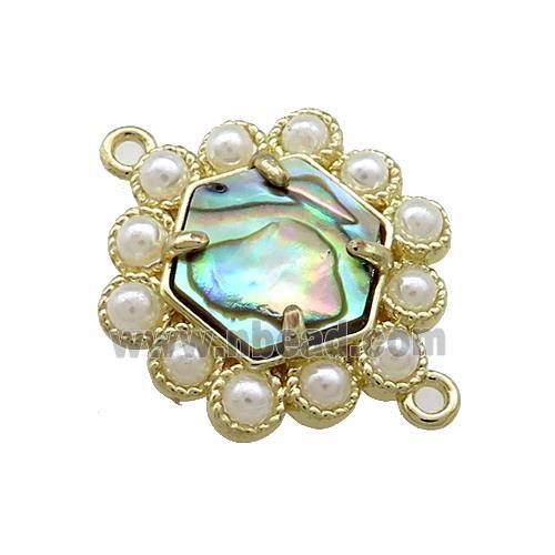 Copper Hexagon Connector Pave Abalone Shell Pearlized Resin Gold Plated