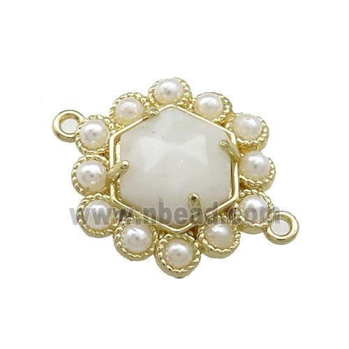 Copper Hexagon Connector Pave White Moonstone Pearlized Resin Gold Plated