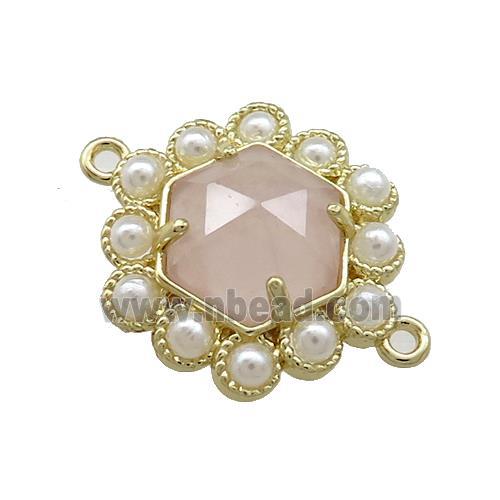 Copper Hexagon Connector Pave Pink Rose Quartz Pearlized Resin Gold Plated