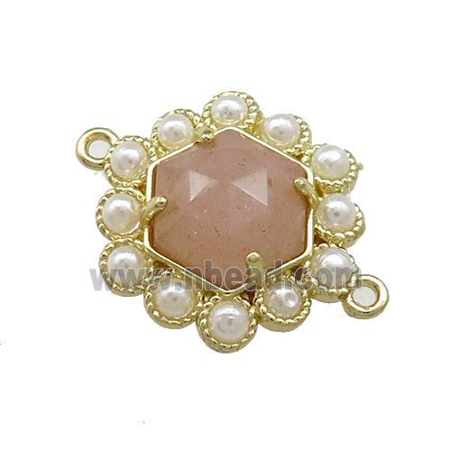 Copper Hexagon Connector Pave Peach Sunstone Pearlized Resin Gold Plated