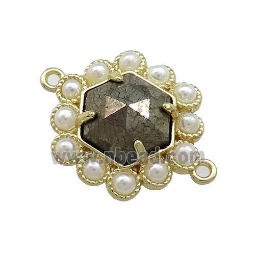 Copper Hexagon Connector Pave Pyrite Pearlized Resin Gold Plated