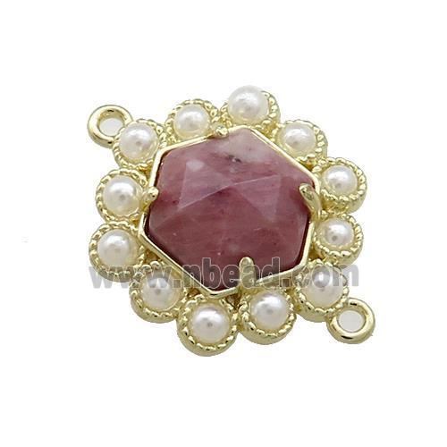 Copper Hexagon Connector Pave Pink Wood Lace Jasper Pearlized Resin Gold Plated