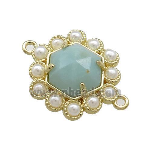 Copper Hexagon Connector Pave Blue Amazonite Pearlized Resin Gold Plated