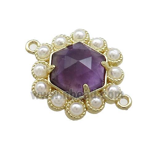 Copper Hexagon Connector Pave Purple Amethyst Pearlized Resin Gold Plated
