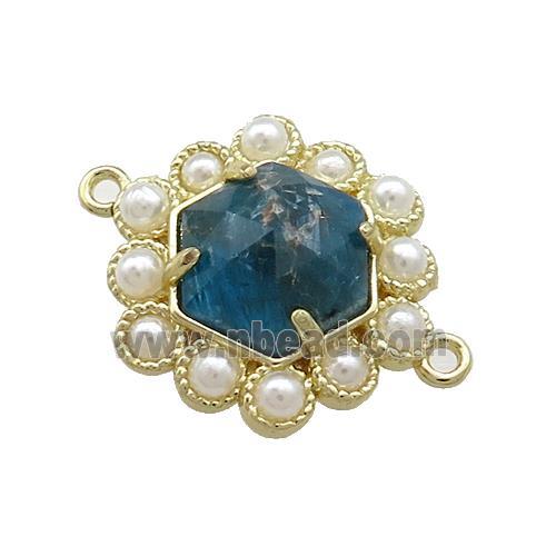 Copper Hexagon Connector Pave Blue Apatite Pearlized Resin Gold Plated