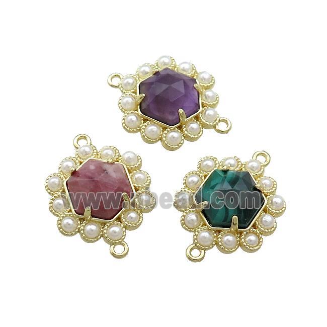 Copper Hexagon Connector Pave Gemstone Pearlized Resin Gold Plated Mixed