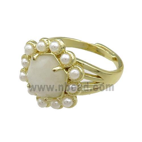 Copper Hexagon Rings Pave White Moonstone Pearlized Resin Adjustable Gold Plated